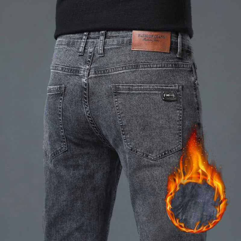 Men's Fleece Elastic Jeans Thick Warm Slim Fit Business Trousers Classic Solid Color Fashionable High-quality Trend Cozy Pants