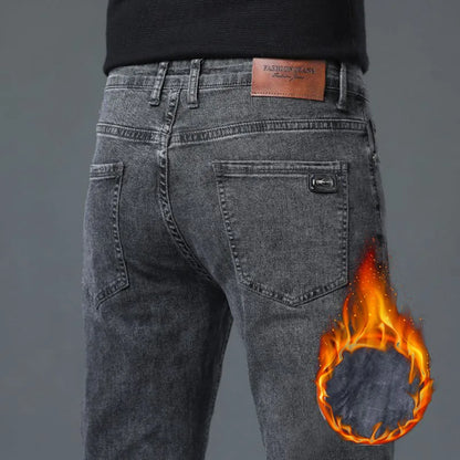 Men's Fleece Elastic Jeans Thick Warm Slim Fit Business Trousers Classic Solid Color Fashionable High-quality Trend Cozy Pants