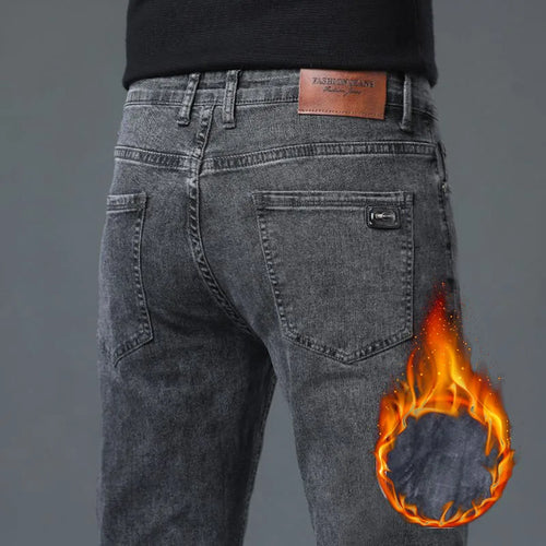 Men's Fleece Elastic Jeans Thick Warm Slim Fit Business Trousers Classic Solid Color Fashionable High-quality Trend Cozy Pants