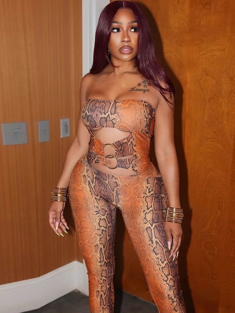 Nibber Hollow Snake Print Jumpsuits Women Y2K Strapless Metal Cirque Midnight Workout Activity Hipster Sexy Stretch Overalls