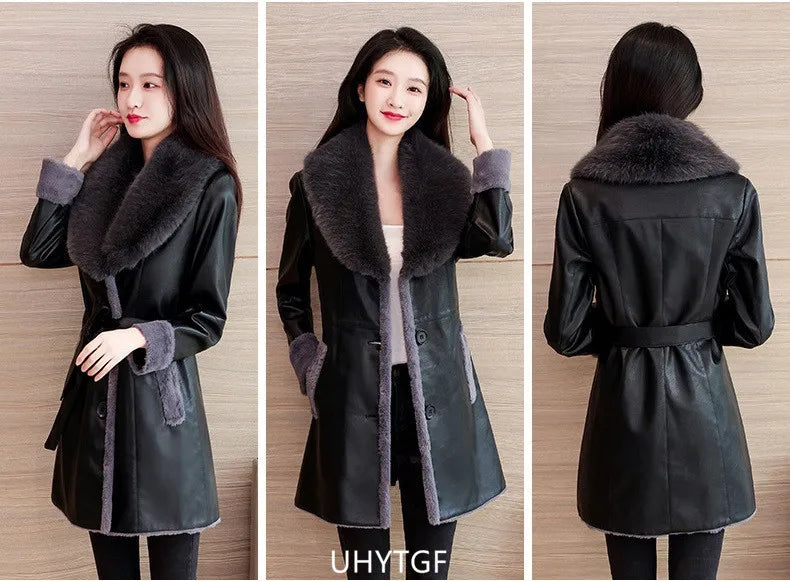Winter Leather Jacket Women's Fashion Fur Collar Black Casual Warm Coat Female Quality PU Leather Overcoat Ladies