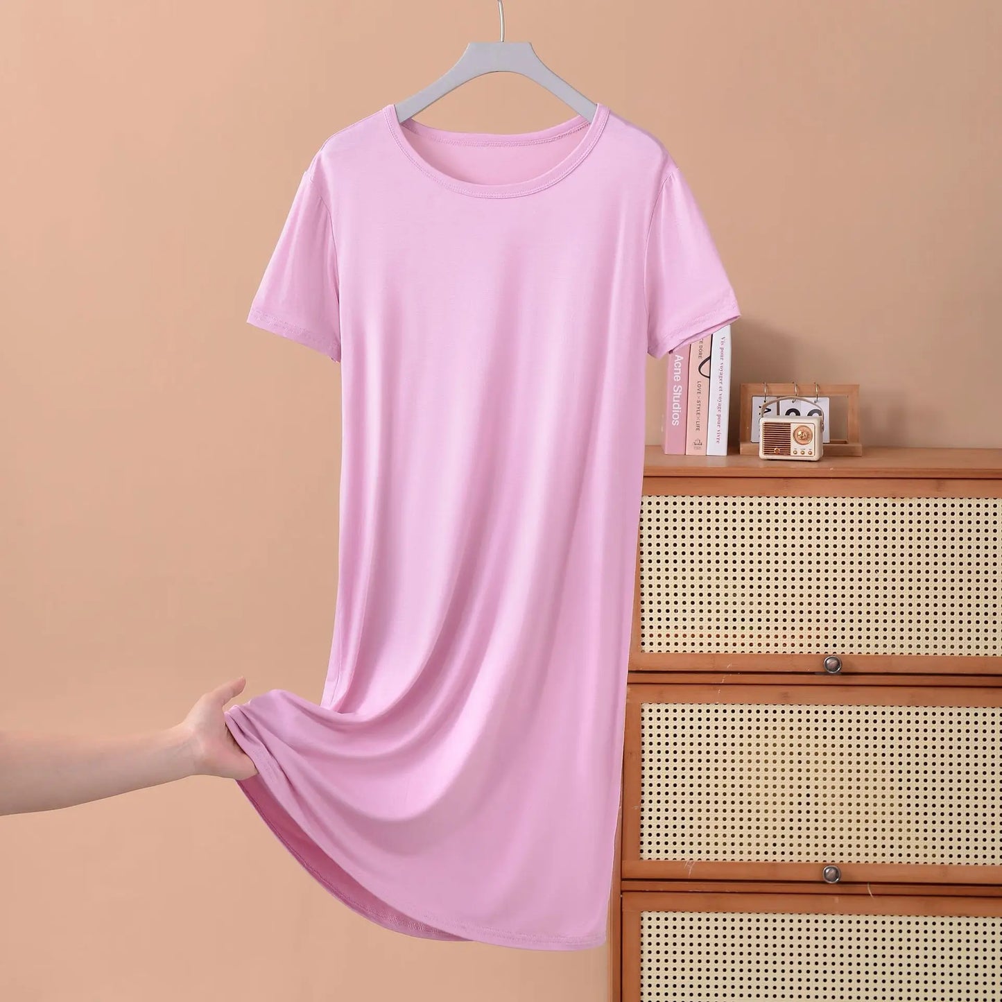 Plus size XL to 8XL Modal dress short sleeves summer women's cool dresses Solid color Bottomed sleepdress mid-length homewear
