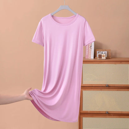 Plus size XL to 8XL Modal dress short sleeves summer women's cool dresses Solid color Bottomed sleepdress mid-length homewear