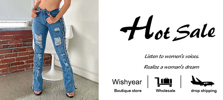 Women's Slim Fit Ripped Denim Jeans High Stretch Blue Pants Eyelet Lace Detail Streetwear Cowboy Style Y2K Flattering Bottoms