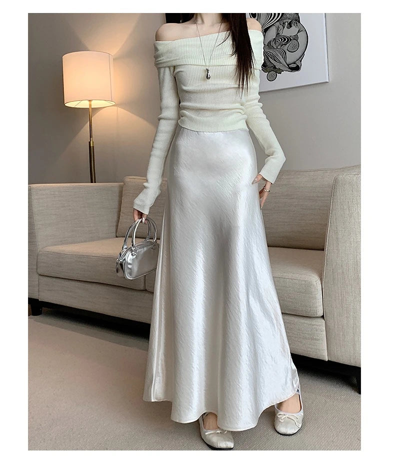 High Waist Elegant Satin Women's Mermaid Long Skirts 2026 New Autumn Solid Slim Korean A-line Wrap Fishtail Skirts Female
