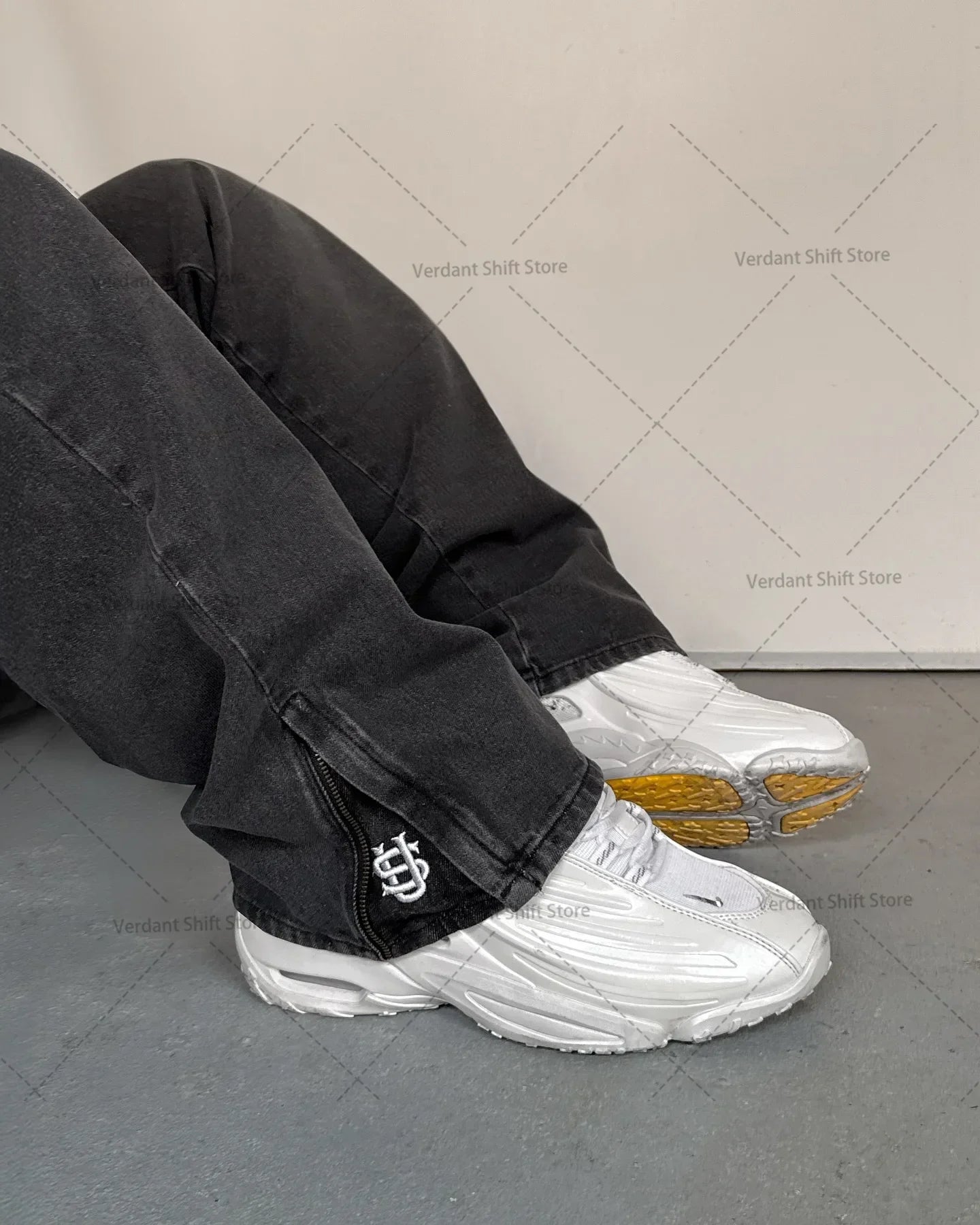 Y2K Cuffed Zipper Embroidered Wide-Leg Jeans Street Gothic Hip-Hop Loose-Fit Fashionable Men's Jeans Trendy Versatile Denim Pant