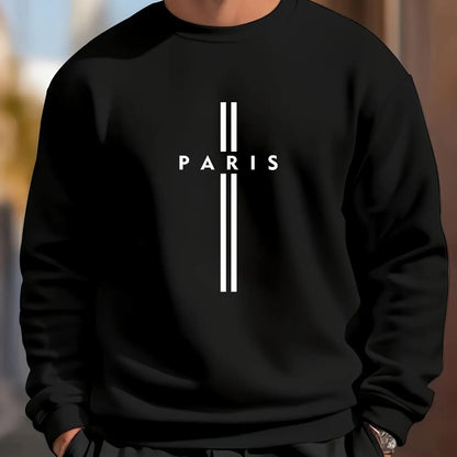 Men's autumn and winter fashionable casual loose Paris letter print fleece pullover long sleeved round neck sweatshirt
