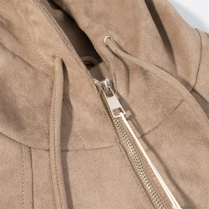 New autumn and winter women's casual loose suede texture effect hooded long sleeved solid color pilot jacket jacket