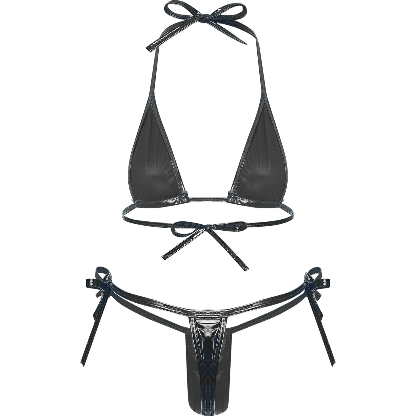 Womens Brazilian Micro Bikini Swimsuit Biquini Set Lacing Non-Padded Triangle Cup Bra Top with G-String Metallic Shiny Swimwear