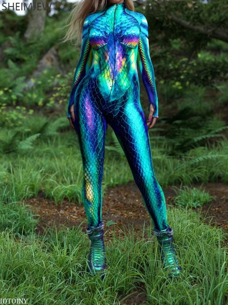 Sexy Snake Print Jumpsuit Colorful Party Morphsuit Holiday Party Forest Theme Front Zipper Zentai Suits Rave Outfits 2025 & 2026