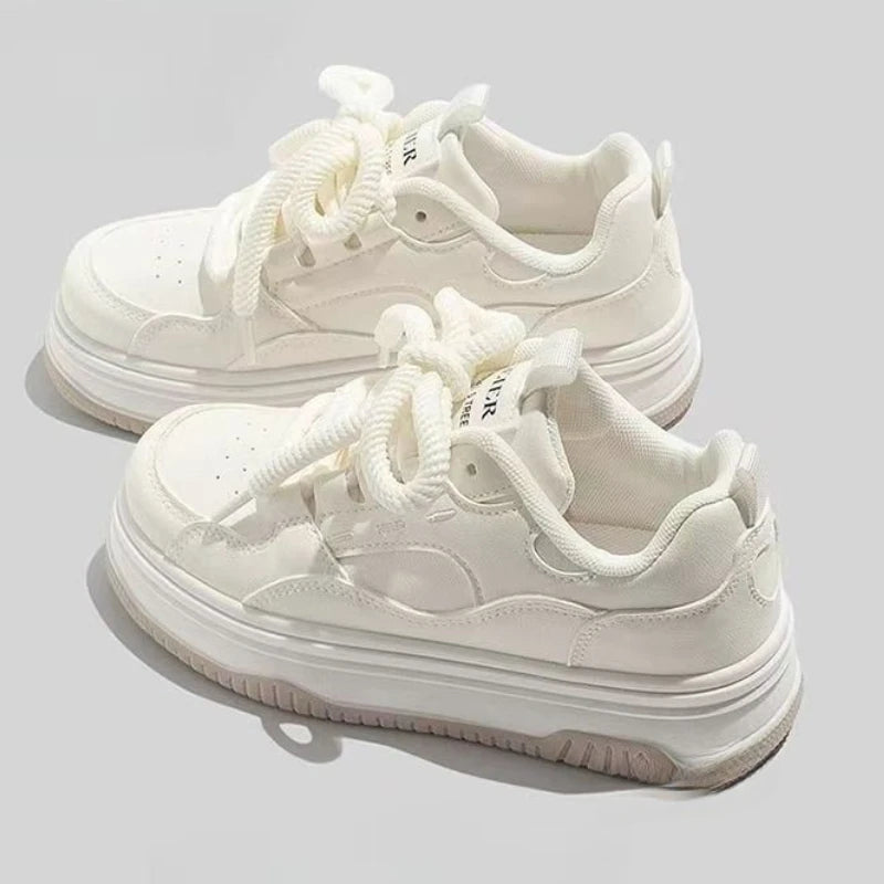 Round-toe Lace-up Casual White Thick-soled Vulcanized Shoes Seasonal New Comfortable Flat-soled Fashion Sneakers