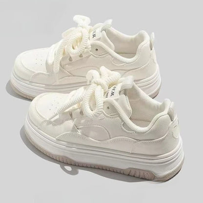 Round-toe Lace-up Casual White Thick-soled Vulcanized Shoes Seasonal New Comfortable Flat-soled Fashion Sneakers