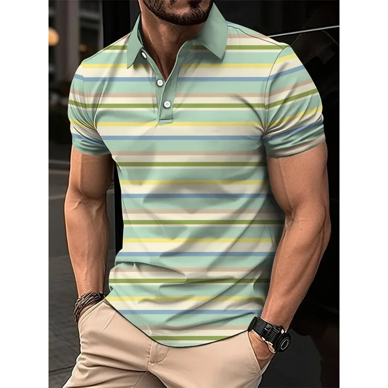 3D Print Colorful Color Block Polo Shirt For Men Stripes Pattern T-Shirts Summer Loose Street Lapel Top Button Short Sleeve Tees