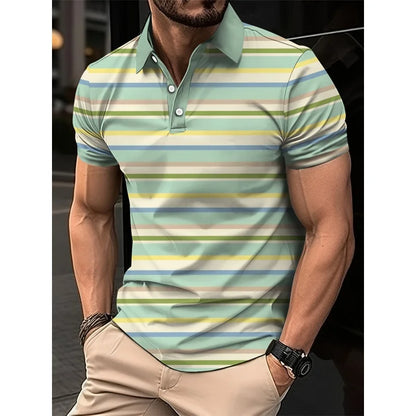 3D Print Colorful Color Block Polo Shirt For Men Stripes Pattern T-Shirts Summer Loose Street Lapel Top Button Short Sleeve Tees