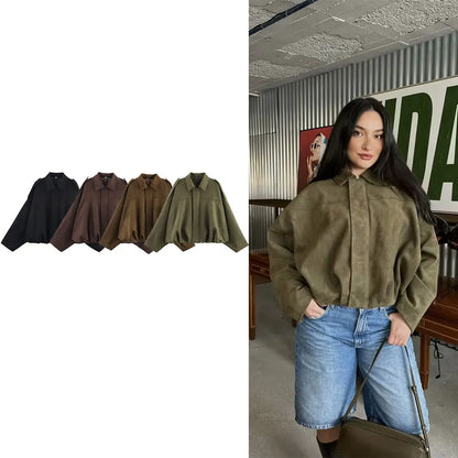 DUOPERI Women 2025 New Solid Bomber Jackets Lapel Neck Long Sleeves Female Elegance Chic Casual Jacket Tops