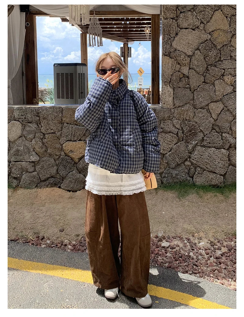 MEXZT Short Plaid Parkas Women Streetwear Stand Collar Puffer Jacket Winter Korean Down Coats Fashion Cotton Padded Outerwears