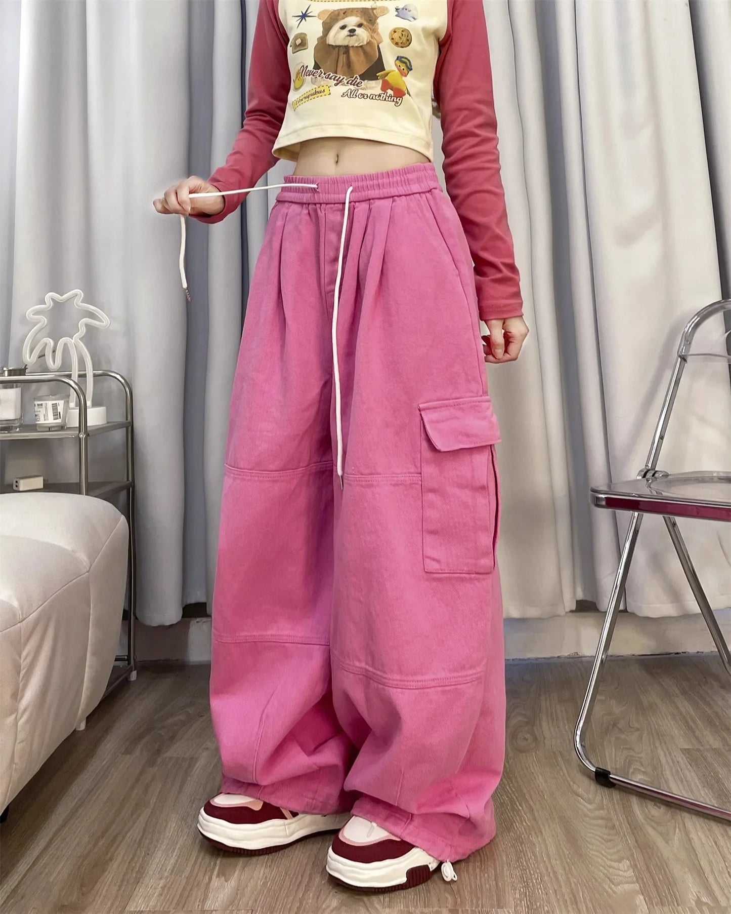 Deep Blue Pure Cotton Work Trousers Loose Wide Leg Floor-Length Women's Style Spring Summer Casual Pants Trendy Fashion