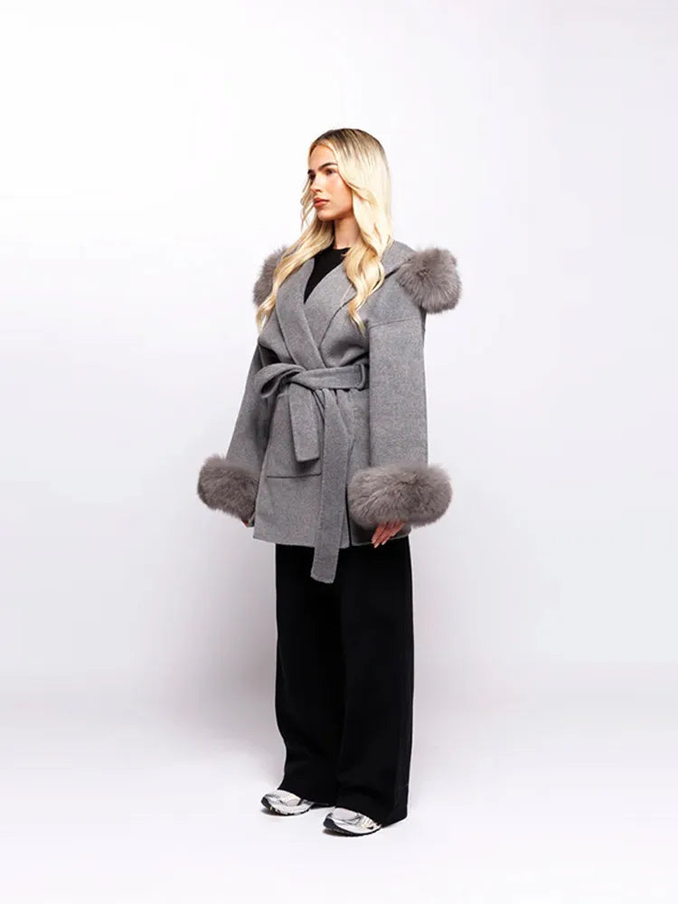 Fashion Hooded Women's Wollen Coat Fur Collar Lace Up Pocket Solid Warm Lady Coats 2025 Autumn Winter Elegant Female Streetwear