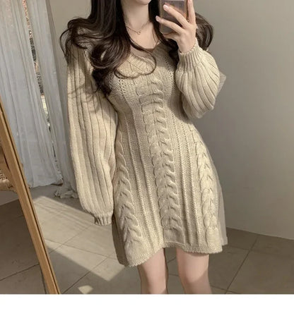 Korean Chic Autumn Gentle V-neck Linen Pattern Design Slimming Long Sleeve A- line Knitted Dress High Collar Ankle-length Dress
