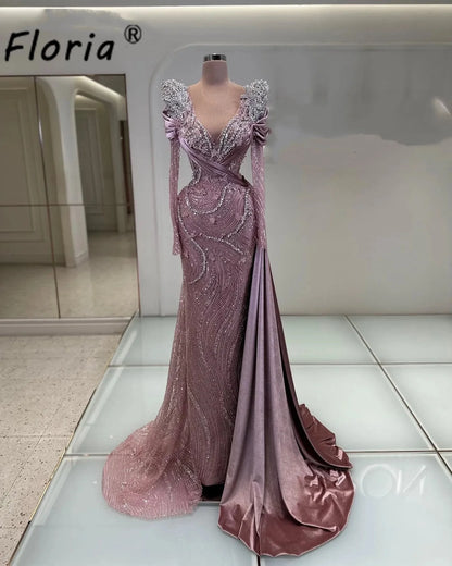 Modest Pink Evening Wedding Dresses Arabia Beaded Crystal Mermaid Prom Gowns Customized Formal Dress Elegant Gala Robe Soiree