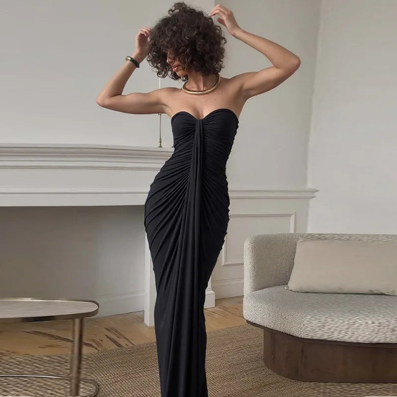 FDYOUI Elegant Strapless Bandage Evening Party Dress for Women 2025 Autumn Sleeveless Backless Bodycon Ruched Long Maxi Dresses