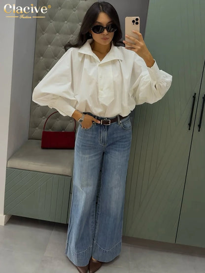 Clacive Fashion Loose White Cotton Women's Shirt 2025 Casual Lapel Long Sleeve Blouse Elegant Classic Solid Top Female Clothing