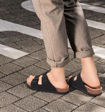 Comwarm Fashion Men Leather Sandals Summer Cork Footbed Slide Sandals Beach Sandals Unisex Brand Sandals with Adjustable Buckle