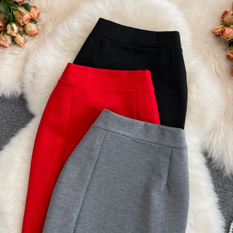 Women's Skirt Solid High Waist Work Pencil Skirt 2026 New Fashion Ladies Slim Fit Split Office OL Skirt Grey Red Black Skirts