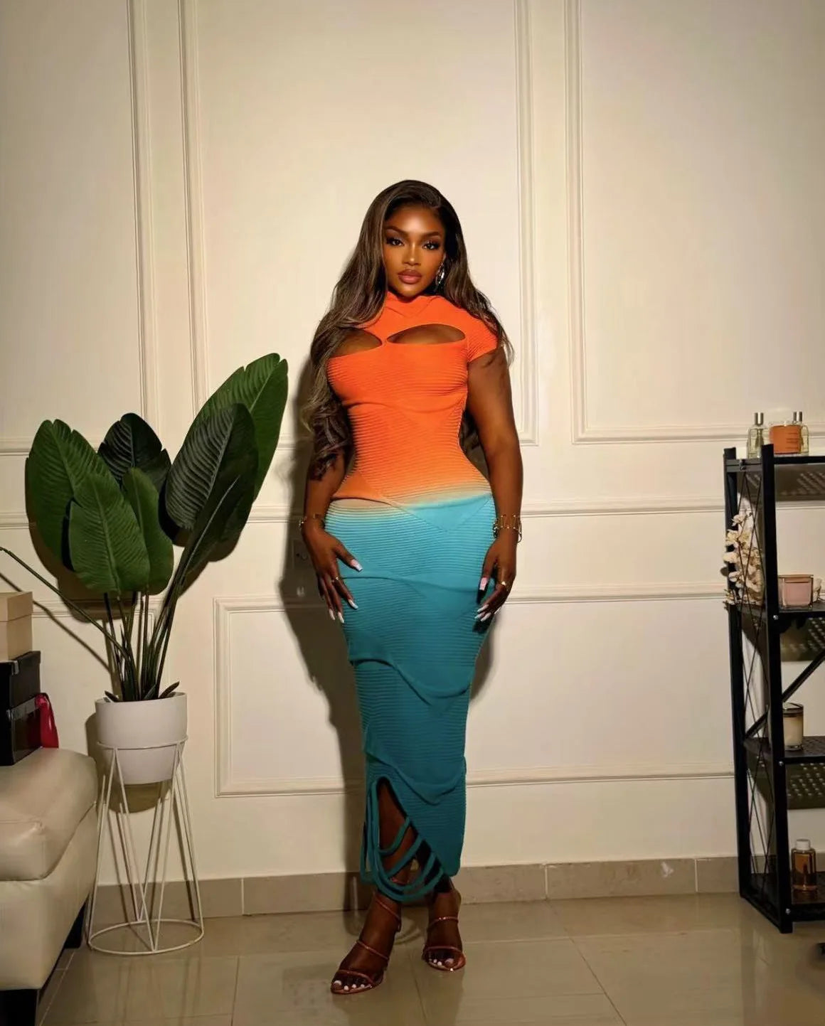 VEITCHE Fashion O-Neck Knitted Sweater Women Dress Pullover Sexy Gradient color Long dress 2025 & 2026 New Spring Summer Maxi Dresses