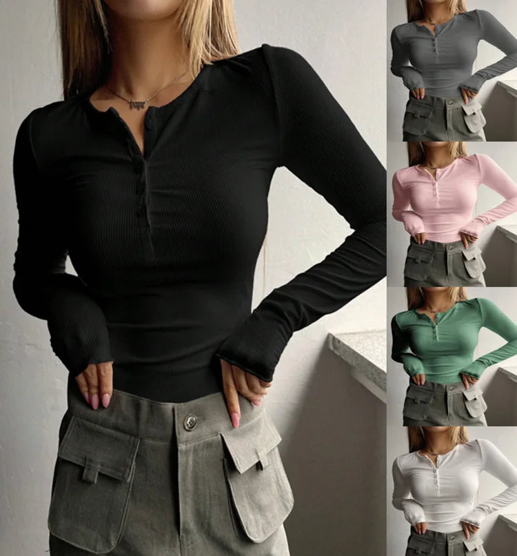 Women Fall Spring Top O Neck Button Long Sleeve Shirts Solid Color Slim Fit Pullover T-shirt Blouse Simple Style Lady Costume