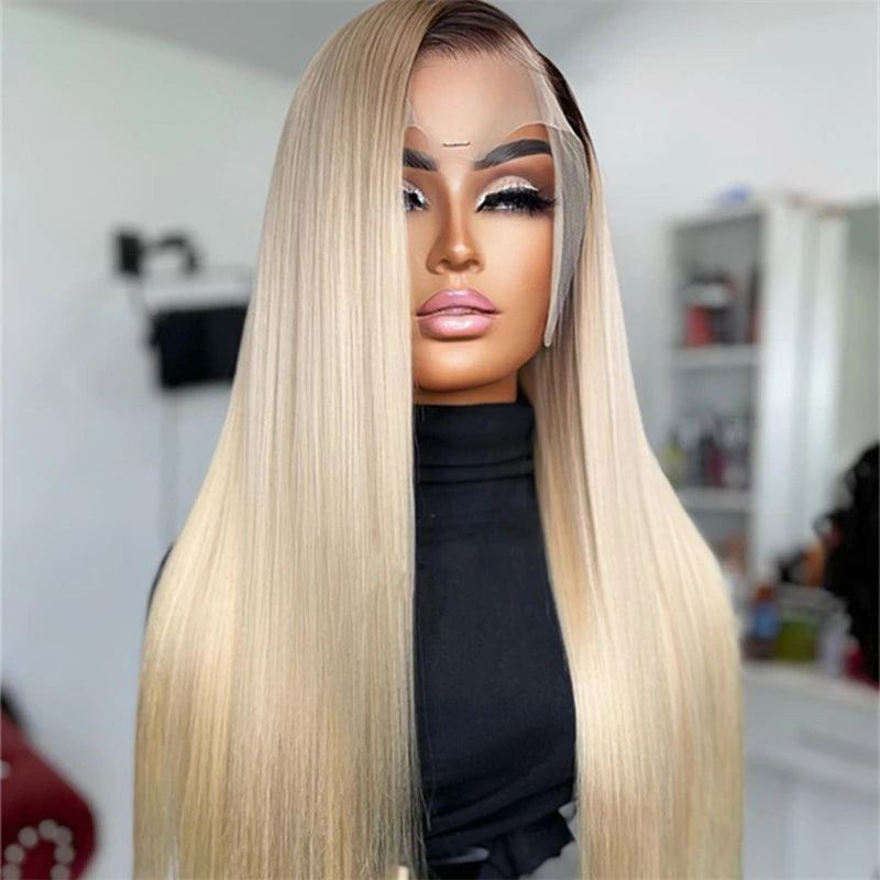 Soft Preplucked Ombre Blonde 26Inch 180Density Silky Straight Lace Front Wig Synthetic With Baby Hair Glueless Daily Wear Wigs