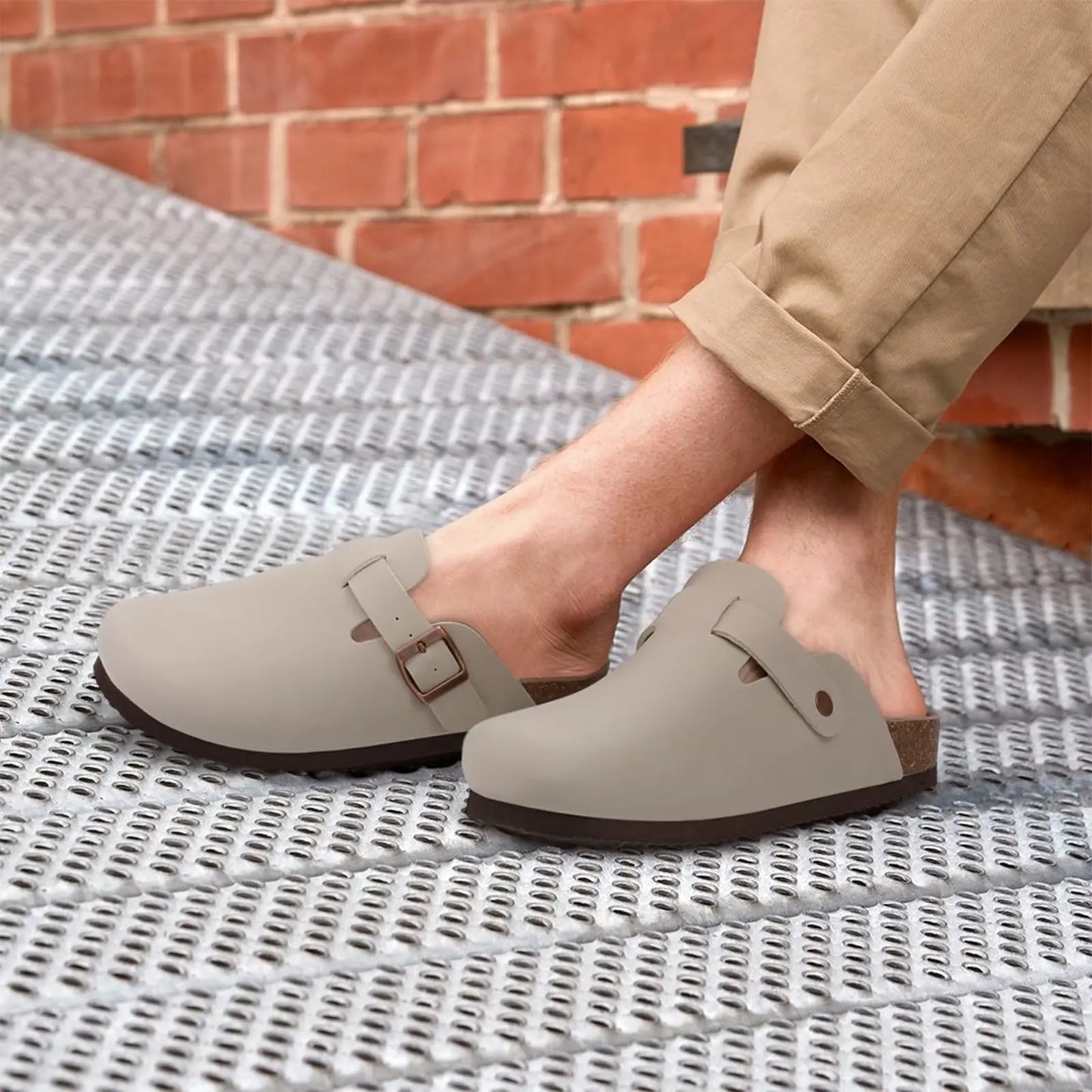 Comwarm Fashion Men Leather Sandals Summer Cork Footbed Slide Sandals Beach Sandals Unisex Brand Sandals with Adjustable Buckle