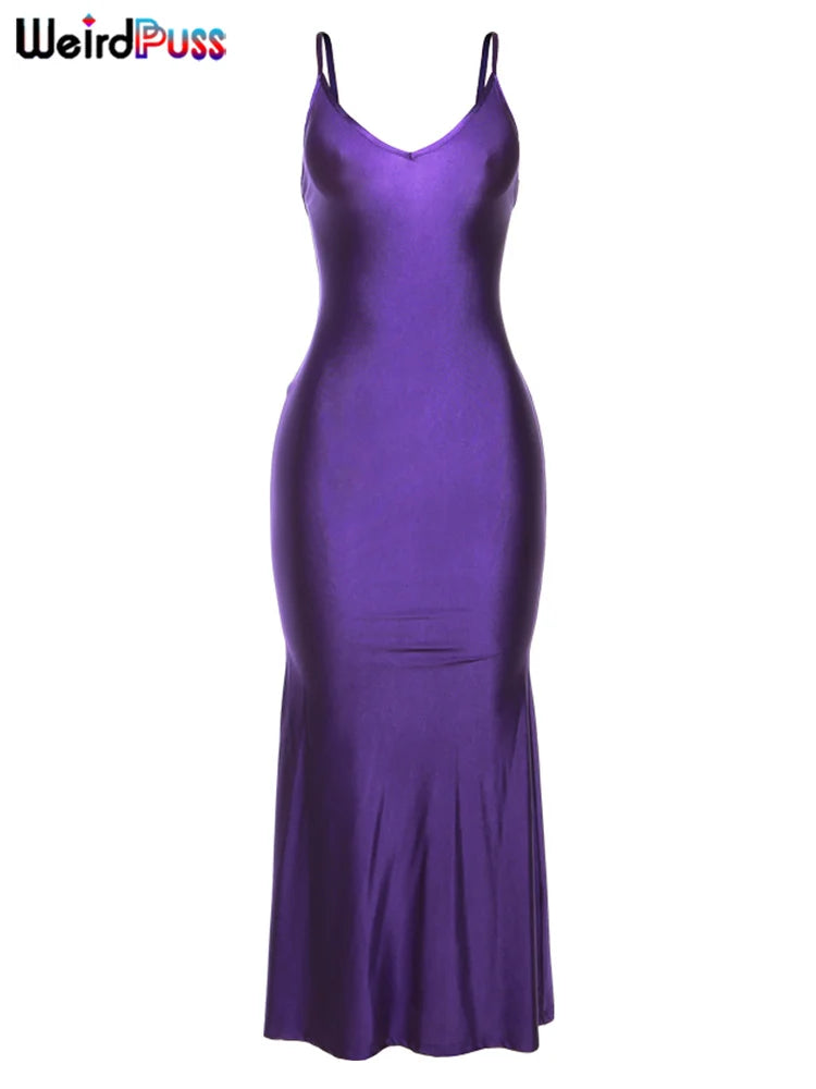 Weird Puss Sexy Backless Women Evening Maxi Dress Folds V-Neck Sleeveless Coquette Elegant Mermaid Matching Banquet Prom Bodycon