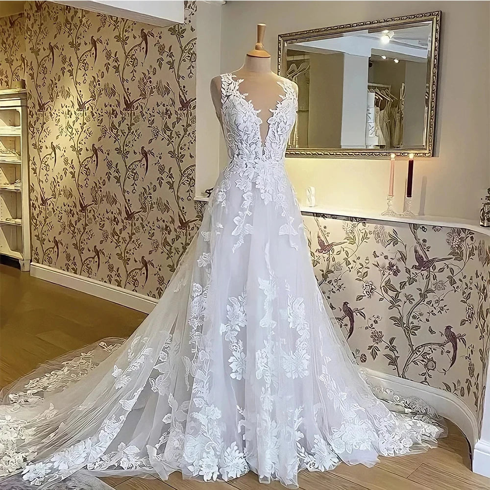 Exquisite Wedding Dress For Bride V-Neck Backless Bride Gown With Lace Applique A-Line Sweep Train Vestidos De Novia 2023 Nuevos