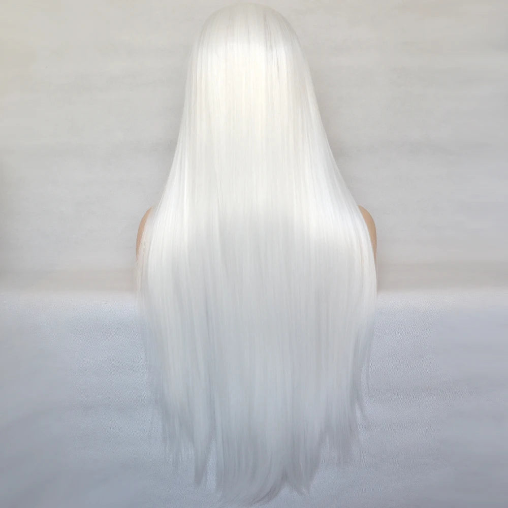 Voguequeen Platinum Blonde Synthetic Lace Front Wigs Silky Straight Heat Resistant Fiber Daily Wear For Women