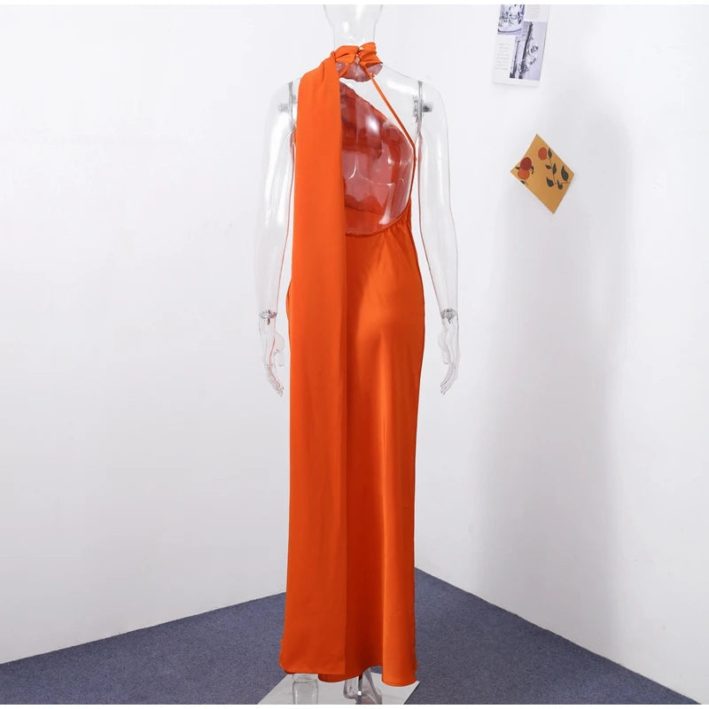 Elegant Ribbon Halter Dress Women Solid Off Shoulder Sleeveless Backless Slim Maxi Dresses 2026 Summer Autumn Party Robes Lady