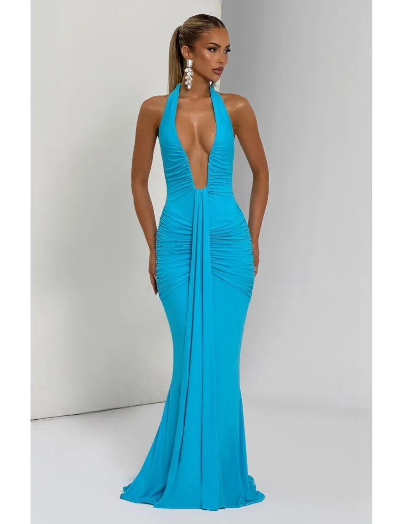 Deep V Neck Draped Ruched Sexy Maxi Dress Women Summer Fashion Halter Sleeveless Backless Club Party Long Dress Elegant BM98