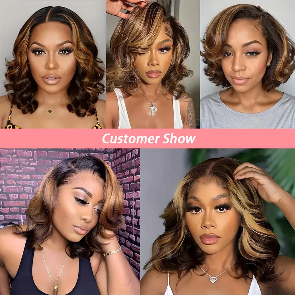 Short Body Wave Bob Wig Highlight Brown 13x4 Transparent Lace Frontal Wigs Mix Ombre Blonde 4/27 Color Brazilian 100% Human Hair