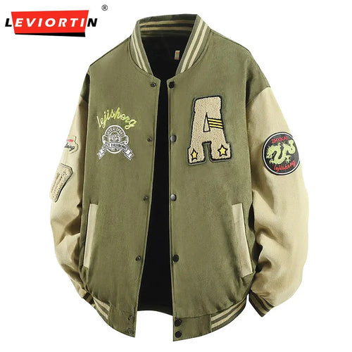 Hip Hop Men's Suede Embroidered Varsity Jacket Color Block Letter Graphic Long Sleeve Baseball Jacket Bomber Coat