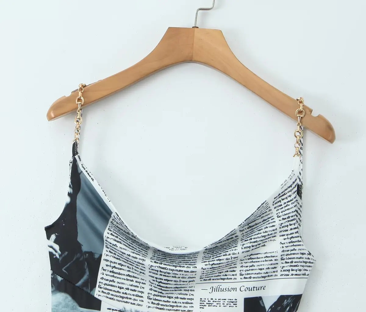 YENKYE New Women Newspaper Letter Print Irregular Hem Sling Dresses Fashion Backless Thin Straps With Chain Summer Sexy Dress