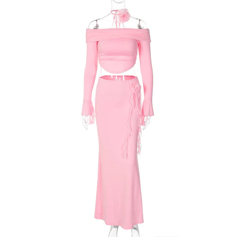 TARUXY Flower Bodycon Skirt Sets Women Slim Sexy Backless Lace Up Tops Women's Party Elegant Dress 2 Piece Womens Suits Outfits