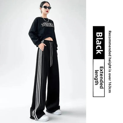 Black Striped Sports Pants Women's Spring Autumn Wide Leg Casual Loose High Waist Straight Leg Sweatpants