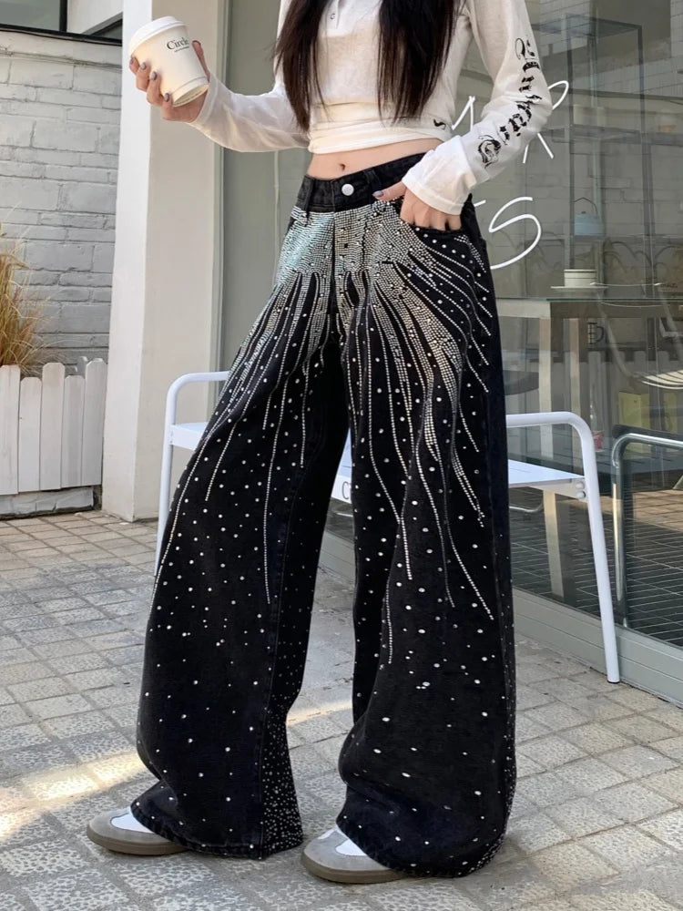 2025/2026 Ropa Y2K Style Baggy Hot Fix Rhinestone Baggy Stacked Jeans Pants For Women Clothing Wide Leg Luxury Gothic Lady Trousers