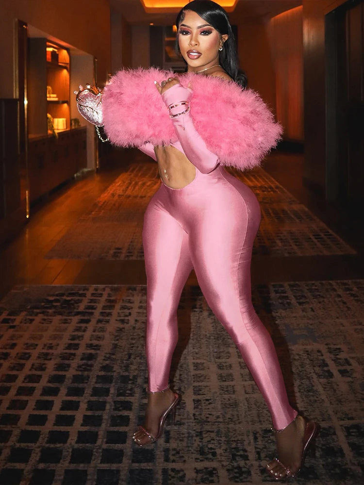 Kliou Furry Patchwork Slash Neck Jumpsuits Woman Autumn Trend Sexy Hollow Navel Exposed Skinny Peach Hip Hottie Fashion Clubwear