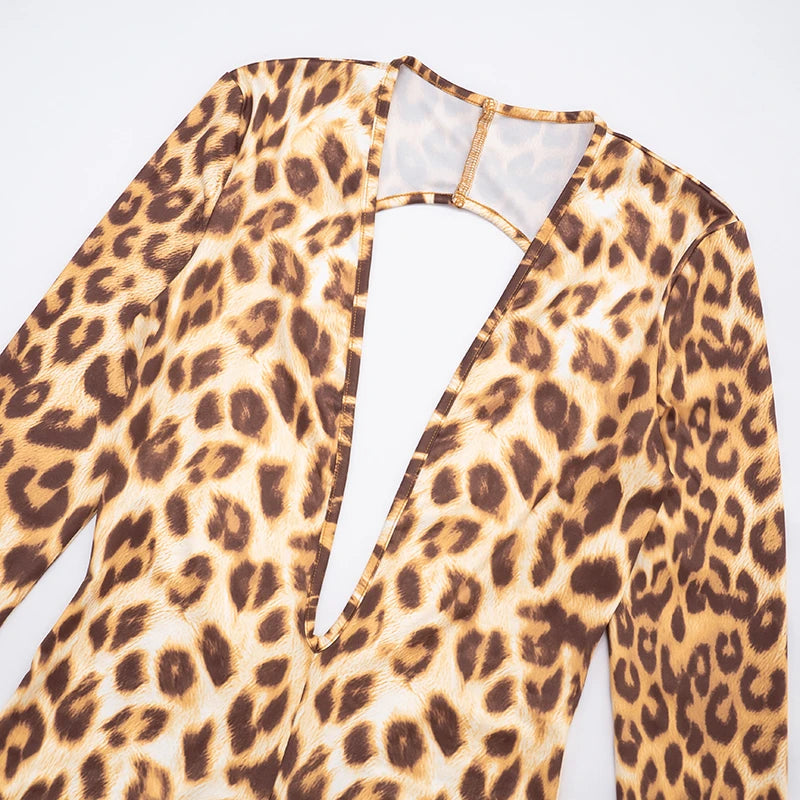 CUTENOVA Women'S Fall/Winter New Leopard Print Deep V-Neck Back Hollow Out  Bodycon Jumpsuit Sexy Fashion Streetwear Jumpsuit