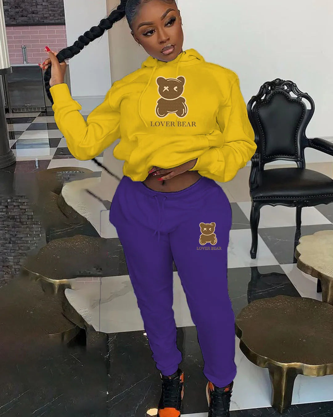 2 Piece Set Women Outfit Letter Bear Print Hooded Neck Hoodies Sweatshirt Pants Tracksuit 2024 Plus Size Streetwear Casual Suit