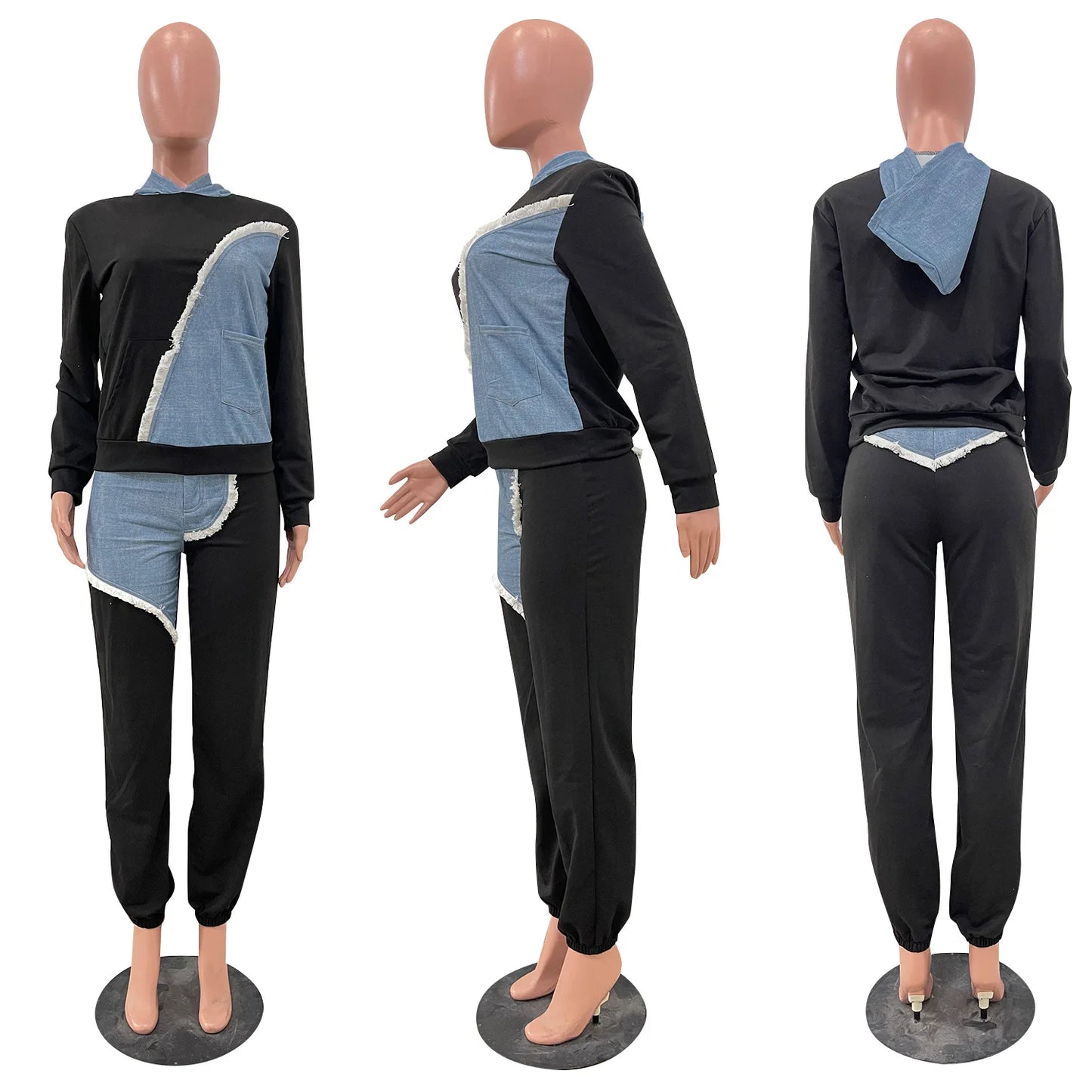 Casual Denim 2 Piece Set Women Sport Two Piece Outfit Hoodies Tops Jogger Pants Suit Women Street Wear Sets