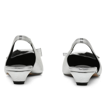 GIGIFOX Kitten Low Heels Bownkot Pointy Toe Leisure Sandals Pleated Slip-on Back Strap Flats Chic Office Ladies Shoes For Woman