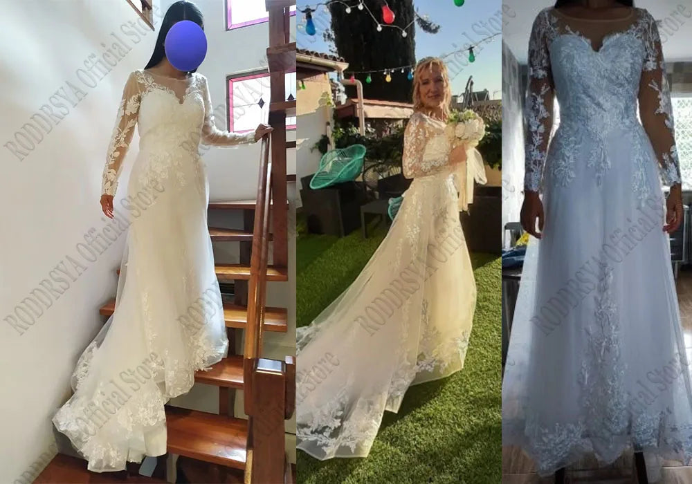 RODDRSYA Elegant O-Neck Wedding Dress Lace Up A-Line Applique Tulle Long Sleeves Beach Bride Gowns vestidos de novia Customized