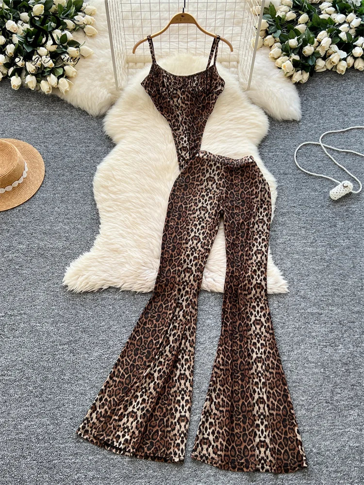 SINGREINY 2025 & 2026 Newest Leopard 2pcs Suits Women Sexy Strap Tops+Elastic Waist Flared Pants American Ins Fashion Hotsweet Sets
